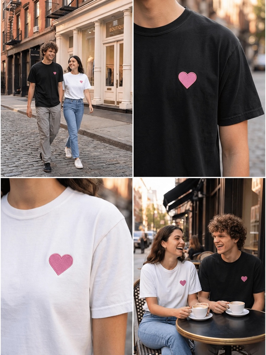 The Silent Signal T-shirt, worn in different colours, with a close-up of the embroidered pink heart